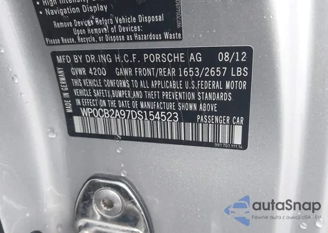 2013 Porsche 911 Carrera 4S/Carrera S z USA, uszkodzony, nr VIN WP0CB2A97DS154523